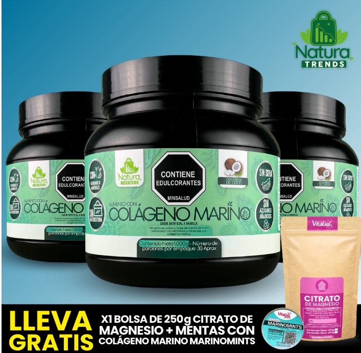 en la comrpa de tres colagenos Leva gratis 1 bosa de 250gms de citrato de magnesio + mentas con colageno marino marinomints